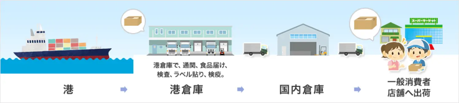 港→港倉庫 港倉庫で、通関、食品届け、検査、ラベル貼り、検疫。→国内倉庫→一般消費者店舗へ出荷